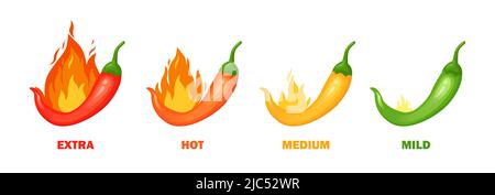 Scharf würzige Stufe mit flammendem Pfeffer. Infografik Design-Vorlage mit rotem Chili auf weißem Hintergrund. Vektorgrafik Stock Vektor