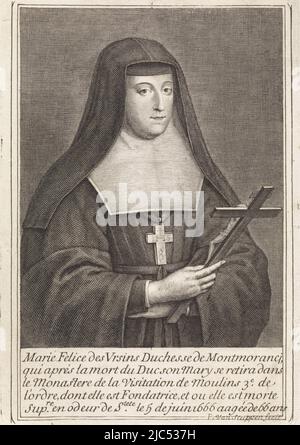 Porträt von Marie-Félice Orsini, Herzogin von Montmorency, als Nonne. In ihrer Hand hält sie ein Kruzifix. Darunter ist eine kurze Biographie in französischer Sprache und ihr Todesdatum., Porträt von Marie-Félice Orsini, Herzogin von Montmorency, Druckerei: Pieter van Schuppen, (auf Objekt erwähnt), Paris, 1666 - 1702, Papier, Gravur, H 152 mm × B 105 mm Stockfoto