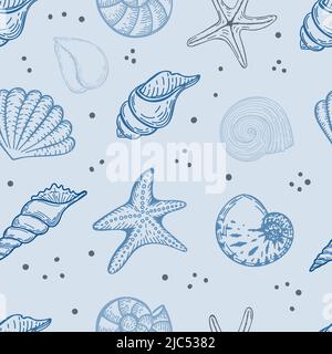 Nahtlose, handgezeichnete Meeresbewohner im Sketch-Stil. Muscheln, Seesterne und Blasen. Blaue Pastelltöne. Weißer Hintergrund. Isoliert. Sommer. Meer. F Stock Vektor