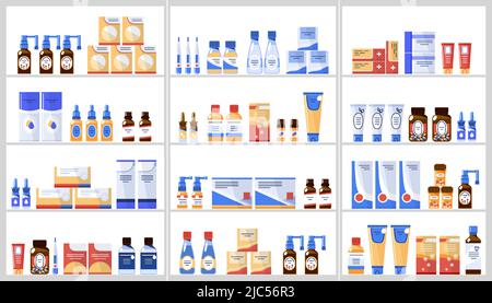 Verschiedene Medizin, Arzneimittel-Produkte in der Apotheke auf Regalen zu speichern.Flat Vektor Stock Vektor