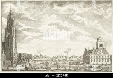 Blick auf den Marktplatz in Delft, mit dem Turm der Nieuwe Kerk auf der linken Seite und dem Rathaus auf der rechten Seite, Blick auf den Marktplatz, die Nieuwe Kerk und das Rathaus in Delft, Blick auf den Groote Markt, Die Nieuwe Kerk und das Rathaus in Delft / Vuë & Perspective de place marchande de l'Eglise la Neuve & de l'Hotel de ville a Delf , Druckerei: Iven Besoet, (auf Objekt erwähnt), Iven Besoet, (auf Objekt erwähnt), Verlag: Iven Besoet, (Auf Objekt genannt), Den Haag, 1765, Papier, Radierung, Gravur, H 300 mm × B 390 mm Stockfoto