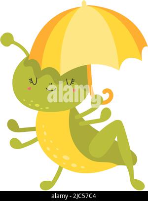 Grasshopper Clipart-Zeichen Bezeichne. Baby Clip Art Grasshopper mit Regenschirm. Vektorgrafik eines Insektengrafiks für Malvorlagen, Drucke für Kleidung Stock Vektor