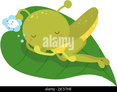 Cute Grasshopper Clipart für Kinder Feiertage und Waren. Happy Clip Art Grasshopper schläft auf einem Blatt. Vektorgrafik eines Insektenpräparers für Aufkleber Stock Vektor