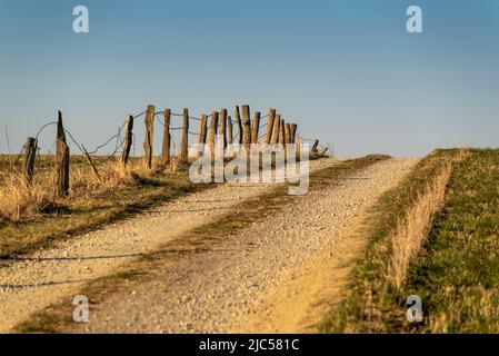 Ländliche Szene mit einer Landstraße, gesäumt von einem rustikalen Zaun im warmen Abendlicht, Weserbergland, Deutschland Stockfoto