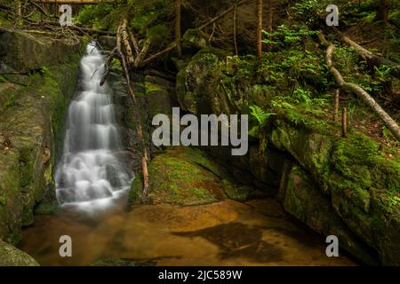 Wasserfall des Baches Jodlowka in der Nähe des Dorfes Borowice im Riesengebirge am Frühlingstag Stockfoto