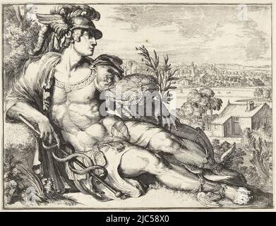 Merkur als handelsgott, mit einem Horn voller Geld in seinem linken Arm, einem Zweig orangefarbener Äpfel in seiner linken Hand und seinem Stab in seiner rechten Hand. Dieses Blatt ist Teil eines umfangreichen Drucks mit einer großen, von sieben Wappen umgebenen Karte von Haarlem, einem Stadtprofil, Ansichten prominenter Gebäude in Haarlem und Darstellungen wichtiger Momente in Haarlems Geschichte., Mercurius Plattegrond van Haarlem en gezichten op Haarlem (Serientitel), Druckerei: Romeyn de Hooghe, Romeyn de Hooghe, Haarlem, 1688 - 1689, Papier, Ätzung, H 261 mm × B 347 mm Stockfoto