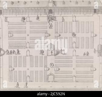 Ansicht des Hortus Botanicus der Universität Leiden mit Entfernungsmessungen., Ansicht des Kräutergartens (Hortus Botanicus) der Universität Leiden, Druckerei: Jacob de Gheyn (II), (auf Objekt erwähnt), Leiden, 1601, Papier, Gravur, H 395 mm × B 432 mm Stockfoto