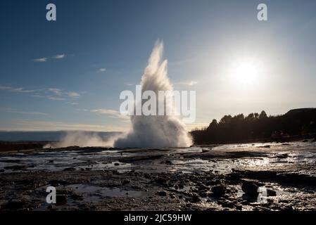 Ausbruch des Strokkur-Geysirs in der Abenddämmerung, weniger bekannt, aber aktiver als der berühmte Great Geysir, Haukadalur-Tal, Golden Circle Route, Island Stockfoto