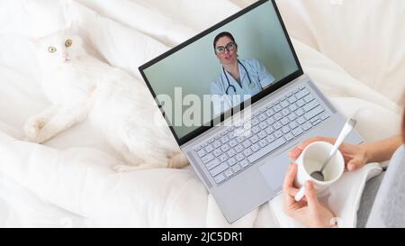 Unbekanntes Mädchen, das sich ein Video mit medizinischem Rat auf einem Laptop ansieht. Eine Frau führt ein Online-Gespräch mit einem Arzt über eine Webcam. Die Katze liegt Stockfoto