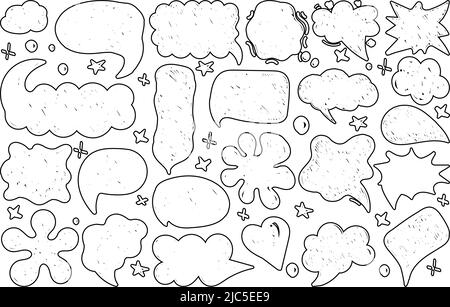 Eine Reihe von Sprechblasen mit handgezeichneten Dialogwörtern im Doodle-Stil. Verschiedene Formen der Rede für Comic-Figuren. Umrisse auf weißem Hintergrund Stock Vektor
