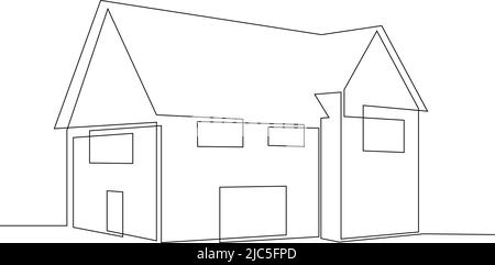 Abstraktes Landhaus im Stil der kontinuierlichen Linienkunst. Familienhaus in schwarzem, linearem Design. Vektorgrafik Stock Vektor