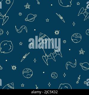 Nahtloses Vektormuster mit Planeten und Raketen auf blauem Hintergrund. Fun Galaxie Tapete Design für Kinder. Raumschiff Mode Textil. Stock Vektor