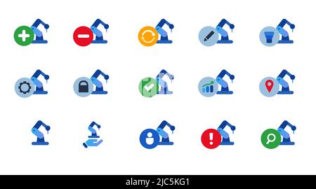 Roboterarm mechanische Hand Industrieausrüstung Icon set Sammlung isolierte Grafik Stock Vektor
