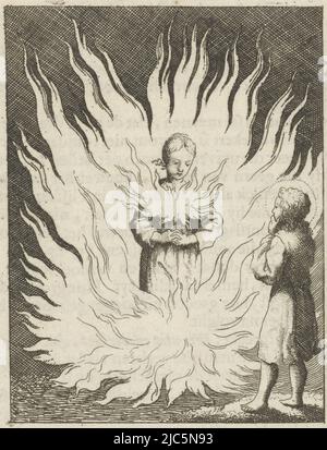 Christus erwacht die personifizierte Seele, umgeben von Flammen Jesus mit der Seele, vollständig von Flammen umgeben, Druckerei: Jan Luyken, Verlag: Pieter Arentsz (II), Amsterdam, 1678 - 1687, Papier, Radierung, Buchdruck, H 92 mm × B 72 mm Stockfoto