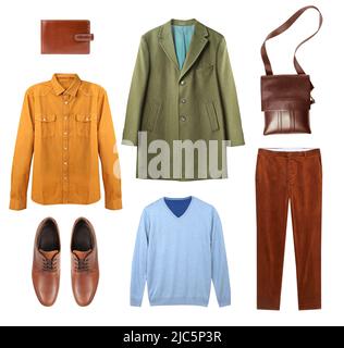 Männliche Kleidungsstück auf weiß isoliert gesetzt.Mode Herbst Kleidung Collage.Men's Wear Kollektion, bunte Kleidung. Herren-Outfit, saisonale Kleidung. Stockfoto