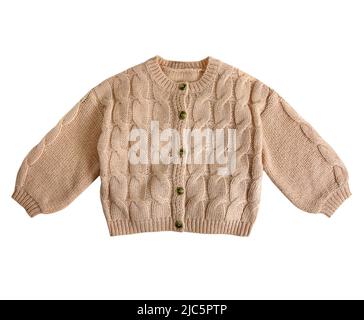 Baby Boy Strickjacke, Baby braun Strickpullover isoliert. Strickmode. Stockfoto