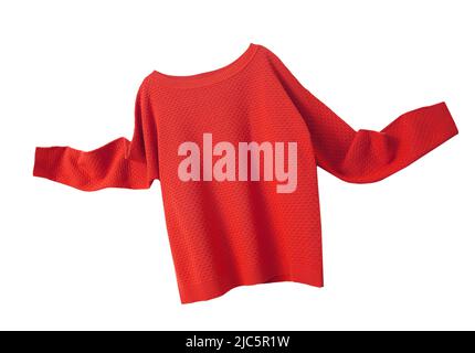 Roter fliegender Pullover, Pullover isoliert. Lässige Strickkleidung auf weiß.Strickwaren fliegen. Stockfoto