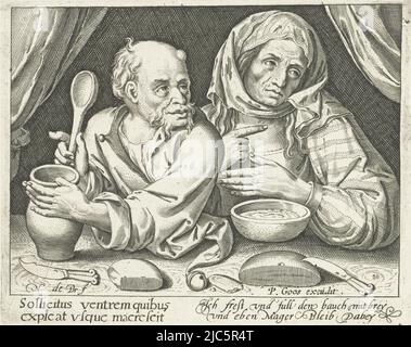 Mann und Frau sitzen am Tisch und essen Haferbrei. Der deutsche Vers am unteren Rand bezieht sich auf den Verzehr von nahrhaftem Brei, der eine Person dünn hält., Mann und Frau essen Brei, Druckerei: Nicolaes de Bruyn, (erwähnt auf Objekt), Herausgeber: Pieter Goos, (erwähnt auf Objekt), Niederlande, 1581 - 1656, Papier, Gravur, H 115 mm × B 146 mm Stockfoto