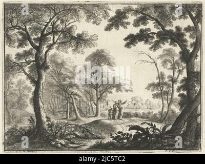 Eine bewaldete Landschaft, in der ein Mann, eine Frau und ein Kind (Abraham, Hagar und Ismael) stehen. Der Mann hat seine linke Hand in einer Zeigegeste ausgestreckt, die Frau weint., Landschaft mit der Absendung von Hagar, Druckerei: Gilles Neyts, (erwähnt auf Objekt), Verleger: Frans van den Wijngaerde, (erwähnt auf Objekt), Antwerpen, 1643 - 1679, Papier, Ätzung, H 130 mm × B 172 mm Stockfoto