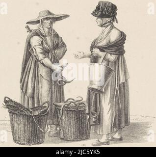 Ein Aalverkäufer steht hinter zwei Aalkörben. In ihrer rechten Hand hält sie einen Aal. Die Frau gegenüber trägt einen Korb auf ihrem linken Arm und streckt ihre rechte Hand zum Aal., Eel Verkäufer mit Kunde, Druckerei: Joannes Bemme, (erwähnt auf Objekt), Jan Anthonie Langendijk DZN, (erwähnt auf Objekt), Niederlande, c. 1820, Papier, H 273 mm × B 223 mm Stockfoto