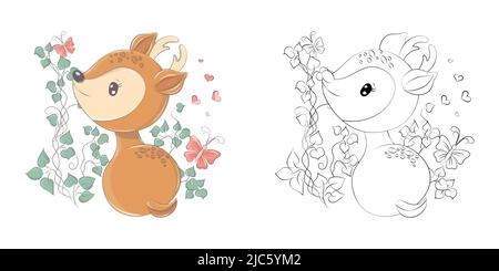 Deer Clipart für Malseite und mehrfarbige Illustration. Baby Clip Art Hirschen auf dem Hintergrund der Blätter. Vektor-Illustration eines Tieres für Stock Vektor