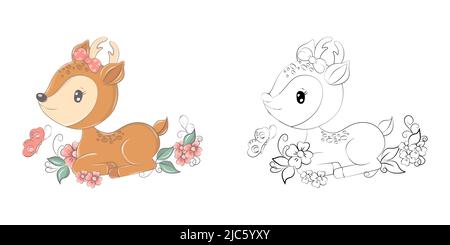 Cute Deer Clipart Illustration und Schwarz und Weiß. Lustige Clip Art Hirse im Blumenfeld. Vektor-Illustration eines Tieres für Malvorlagen Stock Vektor