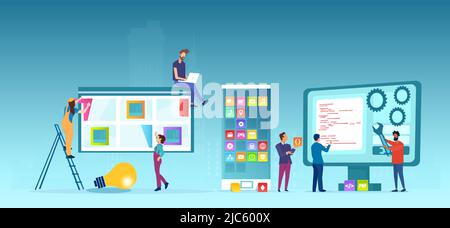 Vektor von Programmierern Männer und Frauen, die eine Web- und mobile Anwendung entwerfen Stock Vektor