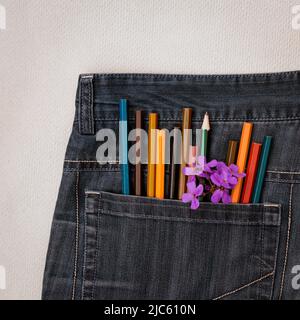 Eine Gruppe von Buntstiften und einem Blumenzweig in einer Jeanstasche Stockfoto