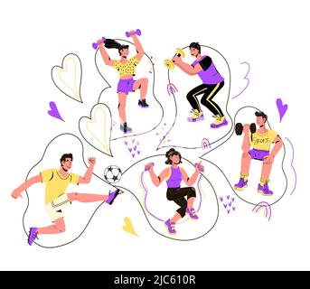 Sport- und Fitnessaktivitäten, gesundes Lifestyle-Banner mit Männern und Frauen, die Sport treiben. Stock Vektor