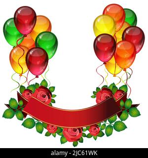 Geburtstagsfeier Vektor Hintergrund - bunte festliche Ballons, Blumen von Rosen, Bänder fliegen für Feiern Karte in isolierten weißen Hintergrund mit Stock Vektor