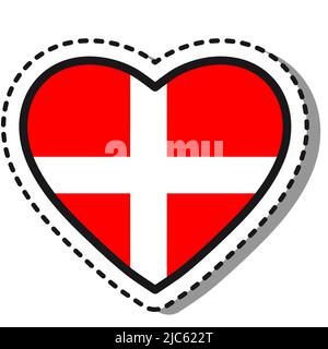 Flagge Dänemark Herz Aufkleber auf weißem Hintergrund. Vintage Vektor Liebe Abzeichen. Nationalfeiertag. Wegweiser. Stock Vektor