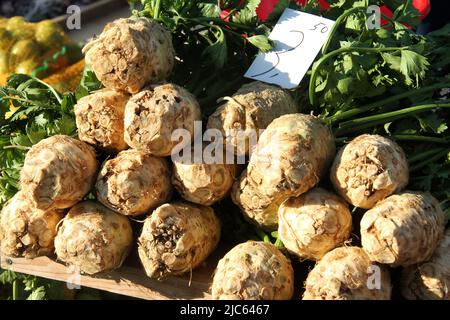 Frische Sellerie-Wurzeln zum Verkauf auf einem Bauernmarkt in Rumänien Stockfoto