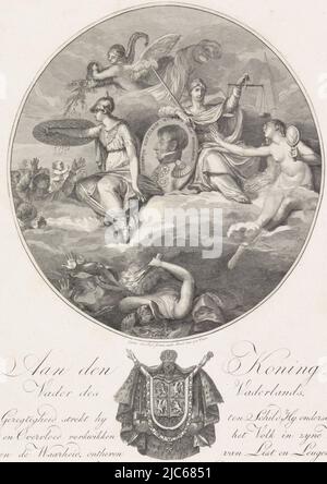 Allegorische Darstellung eines Büstensportraits von Louis Napoleon, wahrscheinlich anlässlich seiner Ankunft in Holland im Juni 1806. Sein Porträt ist umgeben von Weisheit, verkörpert von Minerva in Rüstung und Fülle, mit einem Horn von Fülle, die Nahrung an die Menschen streut. Gerechtigkeit, mit Waage und Wahrheit, mit Spiegel, die die Betrügereien und Lügen zerstreuen. Das ganze ist in einen ovalen Rahmen gehüllt. Am Rand das Wappen des Königreichs Holland und eine sechszeilige niederländische Beschriftung, Allegorie der Verherrlichung Louis Napoleons, des Königs von Holland an den König. Vater des Vaterlandes, (...) , Bedruckt Stockfoto