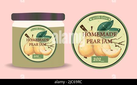 Etikett und Verpackung von Birnenmarmelade. Glas mit Etikett. Text in Rahmen mit reifen Birnen und Blättern Stock Vektor