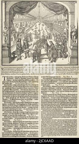 Werbung für die Praxis des Chirurgen J.M.P. in der Reguliersbreestraat in Amsterdam, ca. 1700. Im Vordergrund führt ein Chirurg eine Steinoperation an einem Mann durch. Auf der linken Seite wird eine Fraktur gesetzt, während auf der rechten Seite einem Patienten mit Augenbeschwerden geholfen wird. Im Hintergrund links eine Krankenstation und rechts die Apotheke. Am Eingang zum Raum befindet sich links eine Statue von Bacchus und rechts eine Statue von Ceres auf einem quietschenden Stall. Unter der Szene in zwei Spalten ist eine Aufzählung der Fähigkeiten und Spezialitäten des Arztes., das Hospiz, ca. 1700, drucken Stockfoto