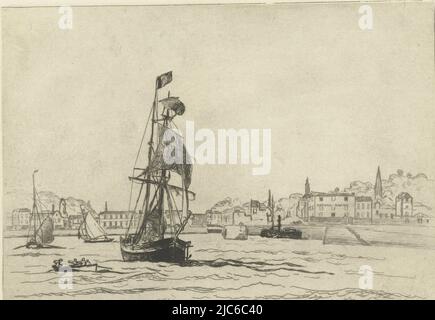 Blick auf den Hafen von Honfleur. Im Vordergrund ein großes Segelschiff, daneben ein Schiffsschlaufe mit vier Personen an Bord. Rechts, am Kai, ein Hotel mit dem Namen Cheval Blanc., Honfleur Harbour, Druckerei: Johan Barthold Jongkind, (auf Objekt erwähnt), Drucker: Frederick Goulding, (möglicherweise), Druckerei: Honfleur, Drucker: London, 1863, Papier, Radierung, H 235 mm × B 315 mm Stockfoto