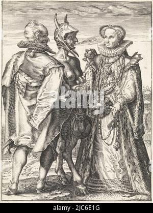 Der Teufel vereint einen Mann und eine Frau, die als Paar lukrative Liebe symbolisieren, in der heiligen Ehe., Ehe aus Reichtum durch den Teufel machte verschiedene Arten von Ehen, Jan Saenredam, Druckerei: Anonym, Hendrick Goltzius, Nordniederland, 1575 - 1657, Papier, Gravur, H 121 mm × B 82 mm Stockfoto