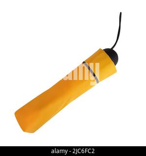 Gefalteter kompakter Regenschirm in gelber Abdeckung isoliert auf weißem Hintergrund Stockfoto