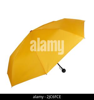 Seitenansicht des geöffneten gelben tragbaren Regenschirms isoliert auf weißem Hintergrund mit Beschneidungspfad Stockfoto