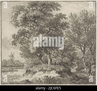 Ein Wald mit einer Windmühle im Hintergrund. Im Vordergrund läuft ein Mann auf der Straße., Waldlandschaft mit Walker, Druckerei: Jan Evert Grave, Amsterdam, 1786 - 1805, Papier, B 85 mm × H 75 mm Stockfoto