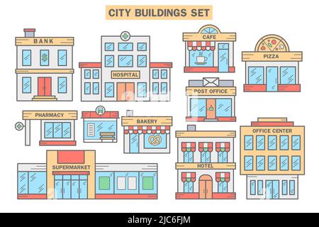 Stadtgebäude eingerichtet. Urbane Architekturelemente. Bank, Krankenhaus, Café, Pizza, Apotheke, Bushaltestelle, Bäckerei, Post, Hotel und Supermarkt. Vektor Stock Vektor
