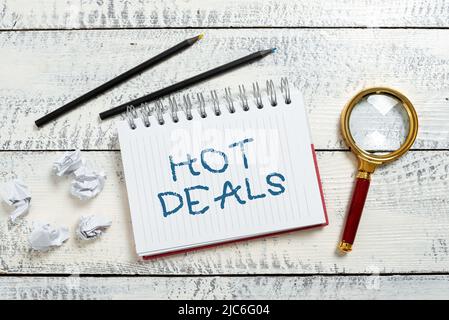Konzeptionelle Darstellung von Hot Deals. Geschäftskonzept eine Vereinbarung, durch die eines der Paties angeboten und akzeptiert wird -48250 Stockfoto