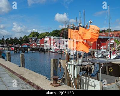 Eckernförde, Schleswig-Holstein, Deutschland - 15. August 2021: Hafen Eckernförde mit Fischerboot im Vordergrund Stockfoto