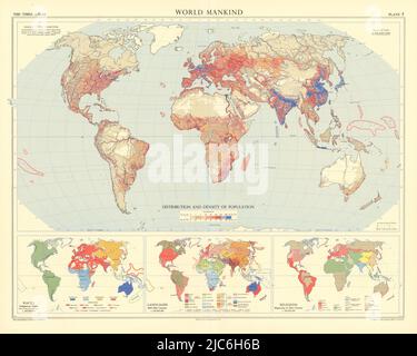 Welt Der Menschheit. Bevölkerung Rassen Sprachen & Religionen. TIMES 1958 alte Karte Stockfoto