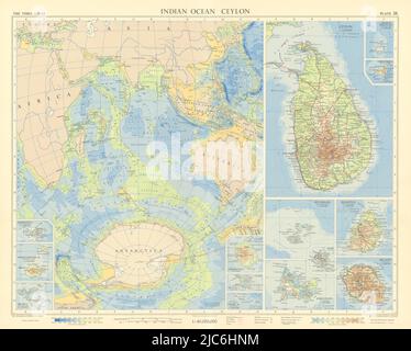 Inseln im Indischen Ozean. Ceylon Seychellen Mauritius Reunion. TIMES 1959 alte Karte Stockfoto