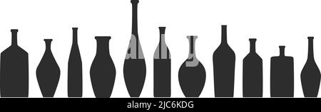 Set aus Vase und Flasche mit Silhouetten. Verschiedene Krüge und Gefäße Silhouette Kollektion. Verschiedene Formen und Formen von Vasen. Flaschen aus Tonerde oder Gras Stock Vektor