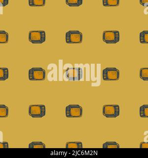 Retro-Fernseher mit gravierten nahtlosen Mustern. Vintage-Fernseher im handgezeichneten Stil. Vektor wiederholte Textur für Druck, Stoff, Verpackung, Tapete, Stock Vektor