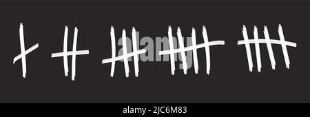 Zählung der Zählung der Zählung der Zählung der Gefängniswandstäbe Striche Zähler Vektorgrafik Hashzeichen Symbole Gefängnis Wüsteninsel verlorener Tag Tally-Zahlen zählen in Schrägstrich lin Stock Vektor