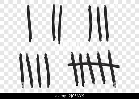 Zählung der Zählung der Zählung der Zählung der Gefängniswandstäbe Striche Zähler Vektorgrafik Hashzeichen Symbole Gefängnis Wüsteninsel verlorener Tag Tally-Zahlen zählen in Schrägstrich lin Stock Vektor