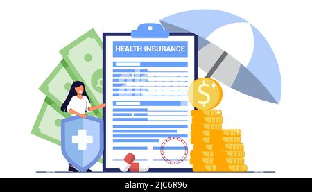 Krankenkasse Antragsformular Konzept großes Clipboard mit Dokument darauf unter dem Dach Healthcare Finance and Medicine Service Familienversicherung vect Stock Vektor